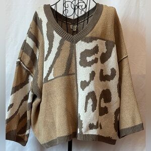 385 - POL Brown and Cream Leopard V-Neck Sweater
